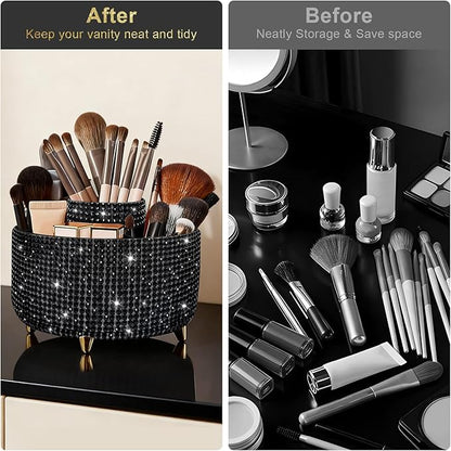 Diesisa Bling Makeup Organizer: 360°Rotating Bling Rhinestone Cosmetic Display Cases -Diamond Makeup Brush Holder - 5 Slot Cup for Cosmetics - Bling Lipstick Organizer - Gift for Women - Diamond Black