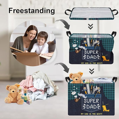 Clastyle Father‘s Day Gift Basket Empty for Dad Rectangle Plaid Tool Pipe Beard Storage Basket Clothes Book Storage Bin Organizer, Blue Apron, 40*30*30 cm
