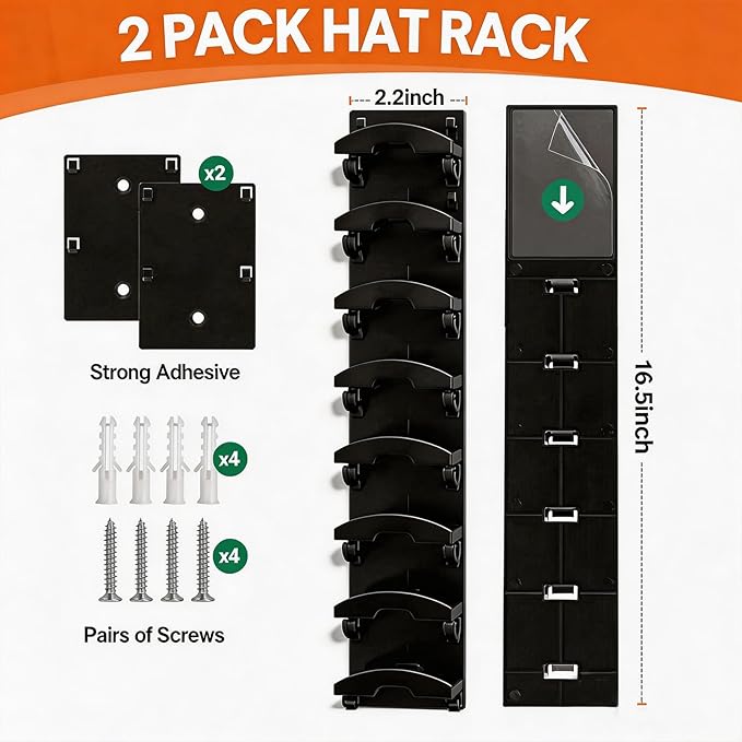 FAYYGYH Hat Organizer for Baseball Caps, 2 Pack Strong Adhesive Hat Rack for Wall, Multilayer Hat Storage Display Holder, Wall Mounted Hat Hooks Hold up to 16 Hats for Closet Door and Bedroom (Black)