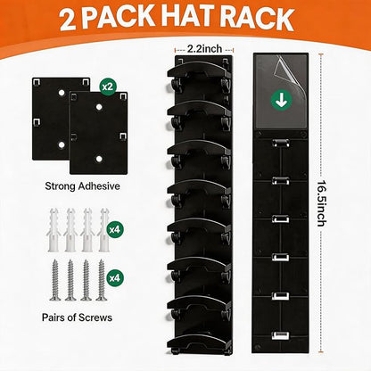 FAYYGYH Hat Organizer for Baseball Caps, 2 Pack Strong Adhesive Hat Rack for Wall, Multilayer Hat Storage Display Holder, Wall Mounted Hat Hooks Hold up to 16 Hats for Closet Door and Bedroom (Black)
