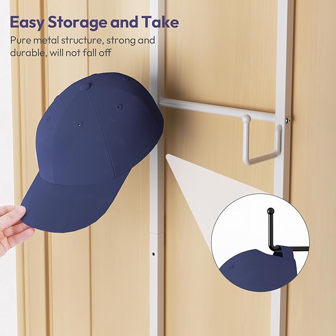 SWTYMIKI Over Door Hat Organizer - Wall Mounted Hat Rack with 6 Hooks and Metal Basket Design, Hanging Baseball Cap Organizer Storage Holds Up to 32 Caps for Door, Bedroom, Closet(White)