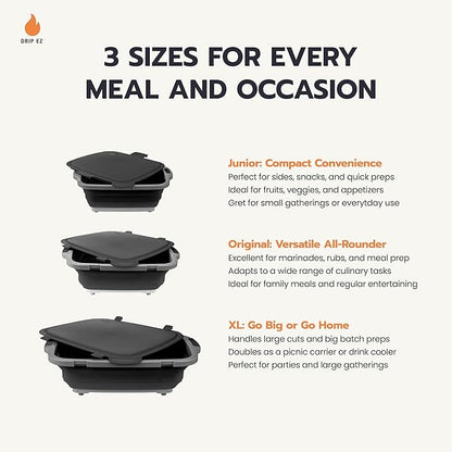 Drip EZ Collapsible BBQ Prep Tubs 3-Piece Set - For Meal Prep Marinating Food Storage - Includes Cutting Board & Lid - (1) JR + (1) OG + (1) XL - Green