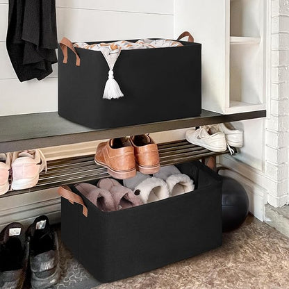 CHICVITA Storage Baskets for Shelves, Extra Large Closet Storage Bins with Metal Frame, Foldable Toy Storage Organizer for Nursery, Living Room, 19" L x 13" W x 11" H, Black, 2-Pack