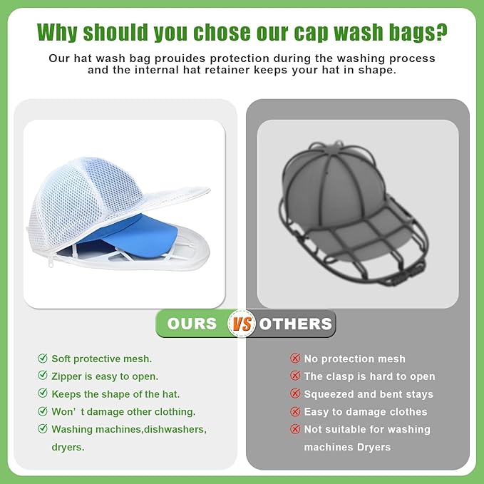 Baseball Cap Washer Cage with Laundry Mesh Bag, Cap Cleaning Frame & Shaping Protector for Washing Machine & Dishwasher, Reusable Hat Holder for Adult & Kids Caps