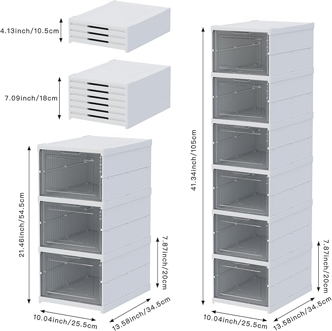 YIIHAA 6 Tier Shoe Rack Shoe Storage Box Size up to 14, No Assembly Stackable with Clear Door, Free Standing Shoe Shelf Cabinet with Lid, Plastic Shoe Rack (Whtie)