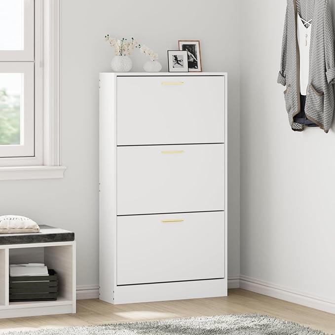 JOZZBY Shoe Storage Cabinet with 3 Flip Drawers, Freestanding Narrow Slim Shoe Organizer Cabinet Rack for Entryway Hallway, Living Room，White