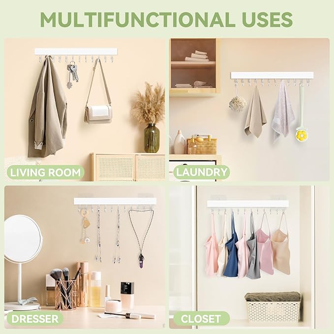 Belt Hanger Wall Mount, Adhesive Wooden Closet Belt Organizer with 24 Metal Hooks, Large Capacity, 2 Installation Options, White, 2 Pcs