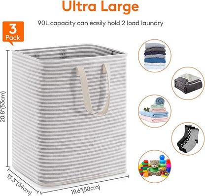 Lifewit 3 Pack Laundry Basket 90L Each, Collapsible Clothes Hamper with Reinforced Handles, Freestanding Waterproof Design for Bedroom and Laundry Room, Grey 270L Total