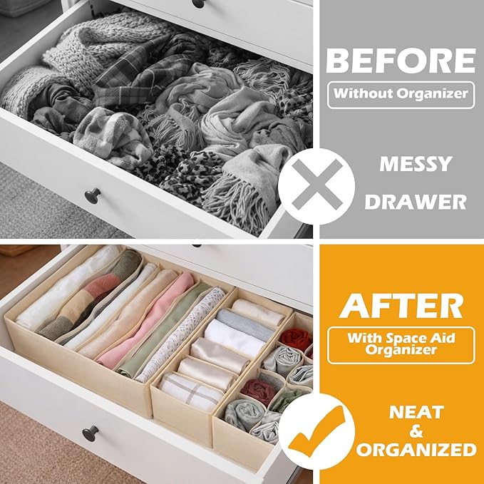 Soft Scarf Organizer for Drawer 3 Set Fabric Storage Bins with 6, 7, and 8 Compartments for Scarves and Accessories Non-damaging Flexible Storage for Home Organization (Beige)