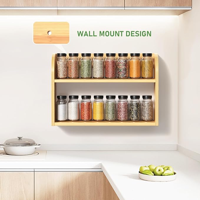 ROMGUAR CRAFT 2 Tier Bamboo Spice Rack, Countertop or Wall Mounting Wood Spice Jars Organizer Shelf for Kitche, Pantry (Natural)