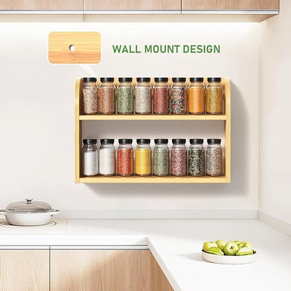 ROMGUAR CRAFT 2 Tier Bamboo Spice Rack, Countertop or Wall Mounting Wood Spice Jars Organizer Shelf for Kitche, Pantry (Natural)