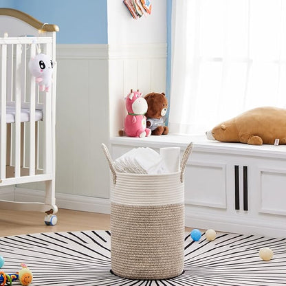 VIPOSCO Tall Laundry Hamper, Woven Rope Storage Basket for Blanket, Toys, Dirty Clothes in Living Room, Bathroom, Bedroom - 30L White & Brown