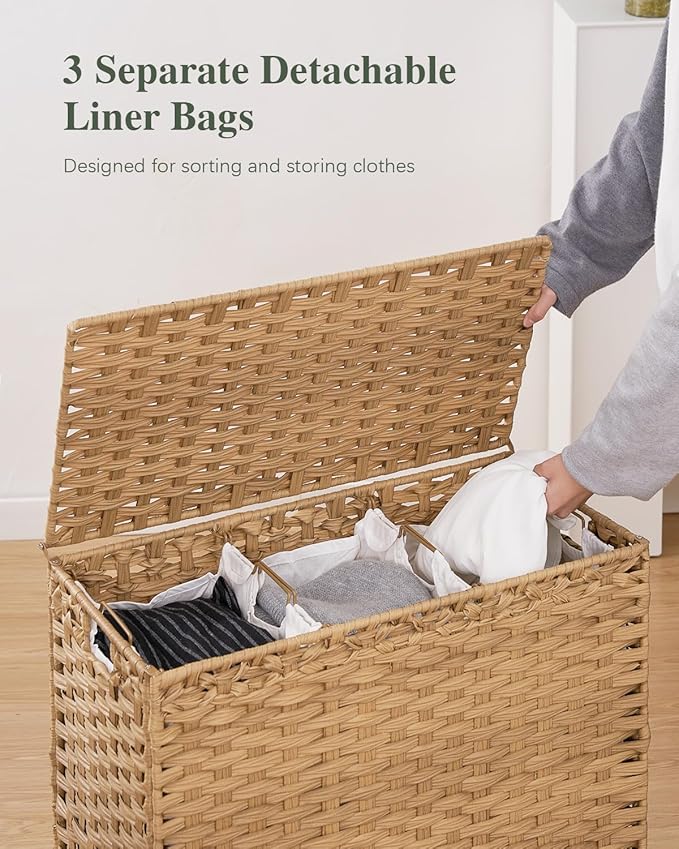 SETVSON Laundry Hamper with Lid 132 L, (35 Gallons) Clothes Hamper with Lid, Handwoven Rattan Laundry Hamper with Metal Heightened Feet, Laundry Hampers with 3 Removable Liner Bags for Laundry-Natural