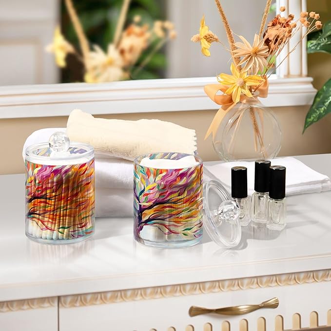 2 Pack Qtip Holder Dispenser for Cotton Ball Rainbow Life Of Tree Plant Swab Round Pads Clear Plastic Acrylic Jar Set Bathroom Canister