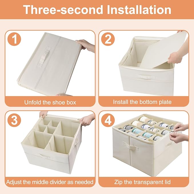 Shoe Organizer for Closet, Foldable Shoe Storage Containers with Clear Cover, Reinforced Handles Fits 8-16 Pairs, Space Saving Stackable Design for Sneakers Sandals Slippers (White)
