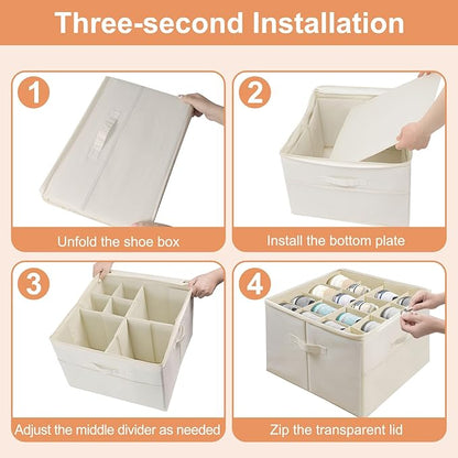 Shoe Organizer for Closet, Foldable Shoe Storage Containers with Clear Cover, Reinforced Handles Fits 8-16 Pairs, Space Saving Stackable Design for Sneakers Sandals Slippers (White)
