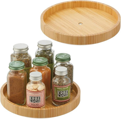 mDesign Bamboo Lazy Susan Turntable Food Storage Container for Cabinets, Pantry, Refrigerator, Countertops, Spinning Organizer for Spices, Condiments - 9" Round - Echo Collection - 2 Pack - Natural