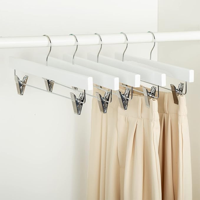 Amazon Basics Durable Wooden Pants and Skirt Hangers with Clips, Closet Organizer, White, 10-Pack