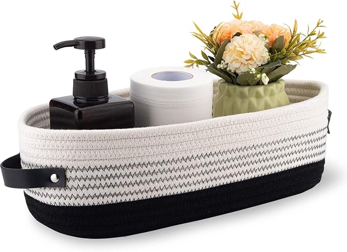Cotton Rope Toilet Basket Bathroom Decor Baskets, Toilet Paper Holder Basket, Farmhouse Home Decor Organizing Small Baskets 13"x5.9"x4" Black