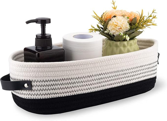 Cotton Rope Toilet Basket Bathroom Decor Baskets, Toilet Paper Holder Basket, Farmhouse Home Decor Organizing Small Baskets 13"x5.9"x4" Black