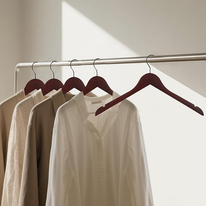 Premium Wooden Top Hangers, Heavy Duty Solid Wood Suit Hangers with 360° Swivel Hook & Anti-Slip Notches, Durable Clothes Hangers for Jackets, Coats, Shirts & Dresses(Dark Cherry/72-Pack)