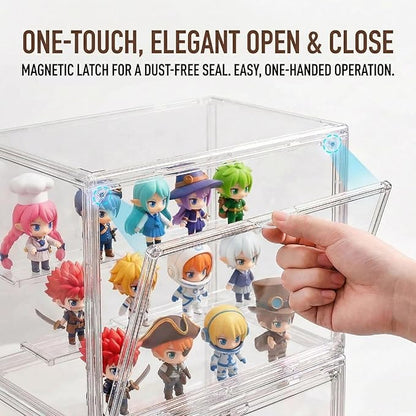 Stackable Acrylic Figure Display Case with Magnetic Door - Clear Showcase, 3-Tier Removable Stand, Dustproof Storage for Mini Figures & Blind Boxes (10.6 x 7.1 x 8.7 In)