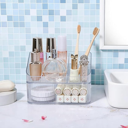 DASITON Makeup Organizer with Drawers, 2 Tier Stackable Organizer for Cosmetics, Skincare, Lipsticks, Makeup Brush, Acrylic Small Makeup Organizers for Vanity Bathroom Countertop Desk Storage (Clear)