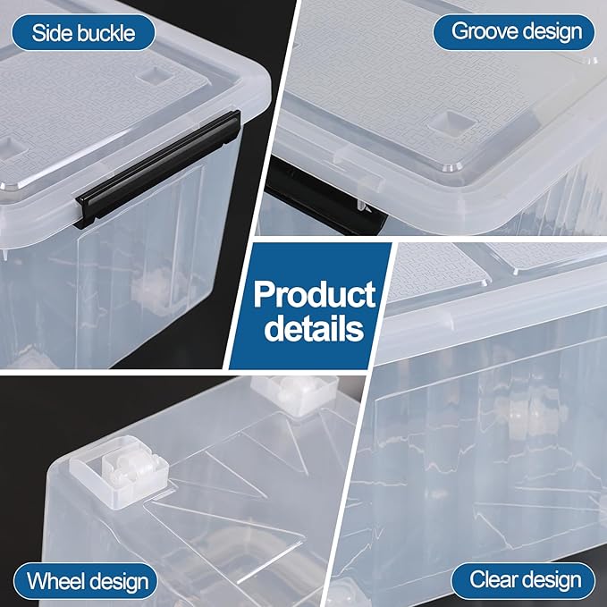 30 Quart Clear Plastic Storage Containers Bins with Wheels, Stackable Plastic Latching Totes with Lids, 4 Packs