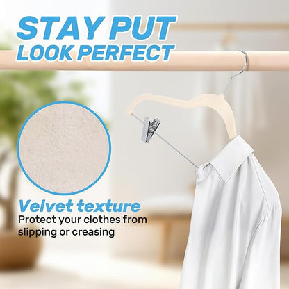 Sishynio Velvet Pants Hangers 20 Pack with Adjustable Clips, Space-Saving Slim Felt Clothes Hangers, Heavy Duty & Non-Slip Flocked Hangers for Pants, Skirts, Dresses and Jeans(Beige)