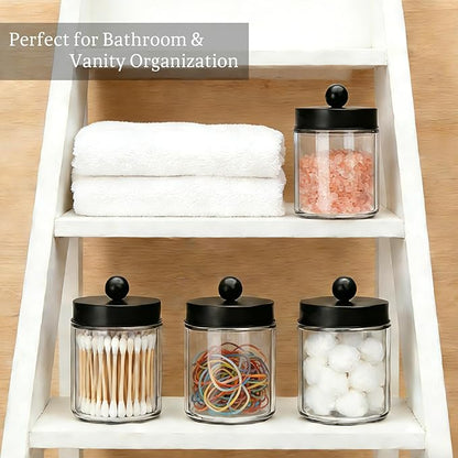 Accguan Apothecary Jars Bathroom Vanity Storage Organizer Set, Glass Countertop Canisters with Stainless Steel Lids, Qtip Holder for Cotton Swabs, Makeup Sponges, Flossers, 6 Pack