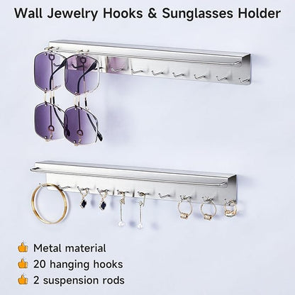 2PCS Necklace Holder Wall Mount, Sunglasses Organizer Wall Display with 20 Jewelry Hooks for Earring Bracelet Glasses, Hanging Jewelry Organizer, Sunglass Holder, Necklaces Hanger, Silver