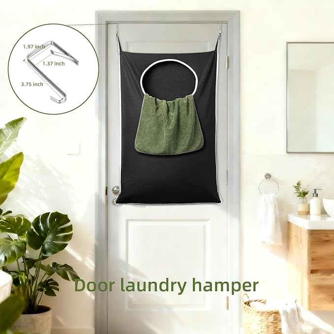 KEEPJOY XL Black Door Hanging Laundry Hamper, 36.5" x 22.5" Large Capacity Hanging Hamper Bag with Large opening and Strong Hooks for All Family Laundry, Blankets, and Toys (Black,1-Pack)