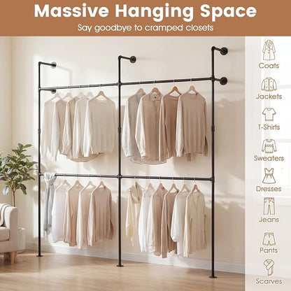 Giantex Industrial Pipe Clothing Rack, 79" Wall Mounted Heavy-Duty Metal Garment Organizer with 4 Hanging Rods, 2-Tier Walk-in Closet System for Wardrobe Closet, Retail Display