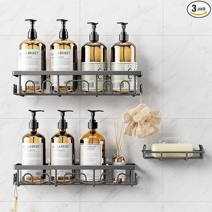 Shower Caddy, 3 Pack Shower Shelves for Inside Bathroom, Rustproof Adhesive Bathroom Organizer with Soap Holder, No Drilling Washroom Organizers and Storage for Bathtub Room/Kitchen/Home, Grey