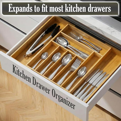 9-Slots Bamboo Drawer Organizers for Kitchen, Expandable Silverware Drawer Organizer, Multipurpose Utensil Organizer for Kitchen Drawers, Large Cutlery Drawer Organizer for Spoons, Forks & Knives