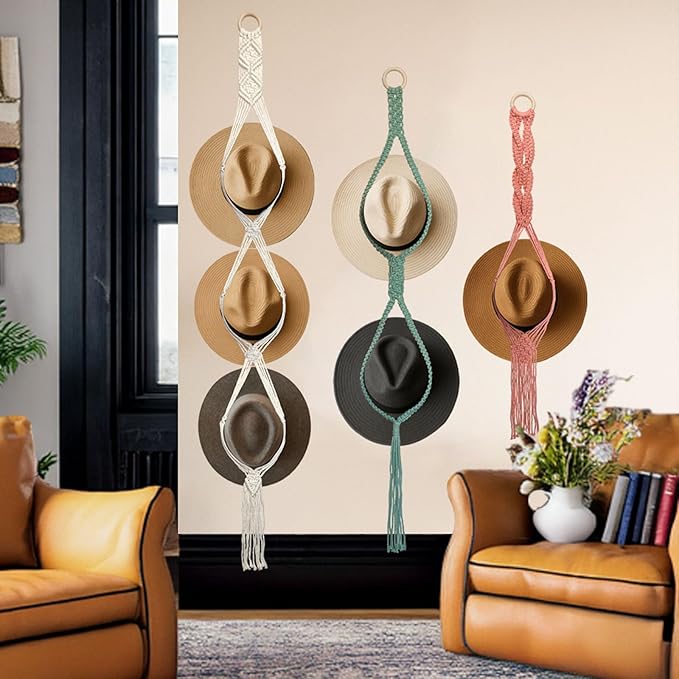 Besoamo Macrame Hat Hanger for Wall, Boho Hat Rack for Wall Hanging Hat Display, Hand-woven Hat Organizer for Wide-Brim Hat, Decorative Bohemian Hat Storage Cowboy Hat Holder(3 Styles and 3 Colors)