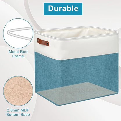 Bagnizer Large Fabric Storage Baskets | 50L Storage Bins, Decorative Linen Closet Baskets with Handles for Organizing, Shelf, Toys, Clothes, Home, Office, Nursery, 17x12x15Inches (Teal&White)