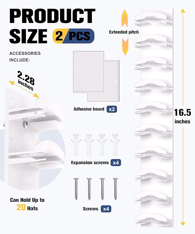 Hat Organizer for Baseball Caps 2 Pack, Hat Rack for Wall Hold up to 20 Hats with Strong Adhensive, Hats Holder Hanger Space Saving for Displlay, Cap Organizer Storage Multilayer(White)