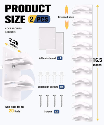 Hat Organizer for Baseball Caps 2 Pack, Hat Rack for Wall Hold up to 20 Hats with Strong Adhensive, Hats Holder Hanger Space Saving for Displlay, Cap Organizer Storage Multilayer(White)