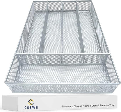 COSWE Silverware Tray for Drawer, Silverware Organizer, Metal Drawer Organizer Kitchen Utensils with Foam Feet Multi Compartments Cutlery Organizer in Drawer