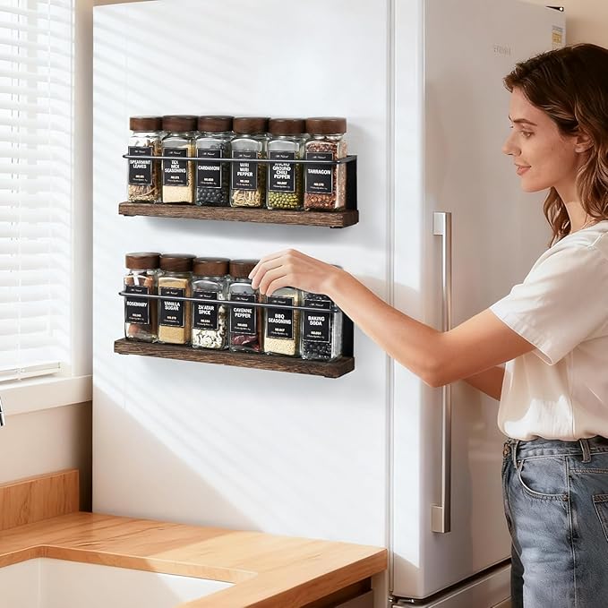 2 Pack Strong Magnetic Spice Rack Organizer for Refrigerator and Microwave Oven, Metal Fridge Shelf, Space Saver for Kitchen Organization and Storage, Black