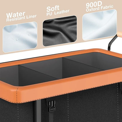 60 Gal (230L) Laundry Hamper 3 Section with Lid, Leather Patchwork Laundry Sorter with Rolling Lockable Wheels and Handle, Laundry Basket Organizer for Laundry Room, Bedroom and Bathroom - Black