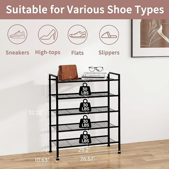 5-Tier Shoe Rack, Metal Storage Shelves for Closet Entryway, Tall Narrow Unit for Small Spaces, Multi-Purpose Organizer for Bedroom Garage, Easy Assembly, Black