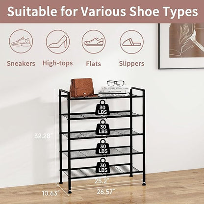 5-Tier Shoe Rack, Metal Storage Shelves for Closet Entryway, Tall Narrow Unit for Small Spaces, Multi-Purpose Organizer for Bedroom Garage, Easy Assembly, Black
