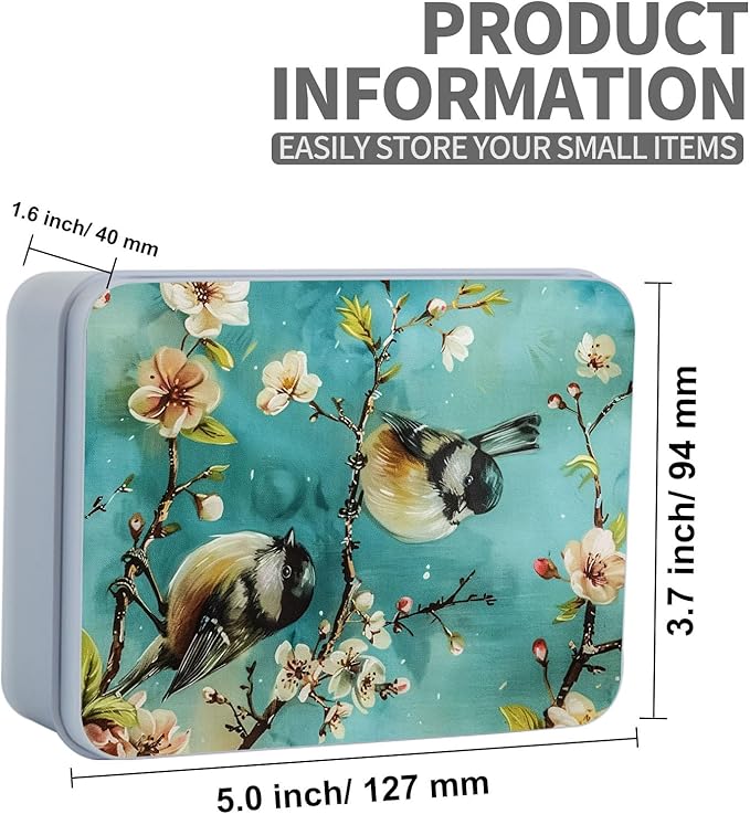 Metal Tin Box Sturdy Metal Storage Box with Lid, Birds and Flower Large Container Holder for TCG Cards, Car Keys, Cookies, Tin Containers for Gift, 5.0x3.7x1.6 Inch, Exquisite Pattern Design