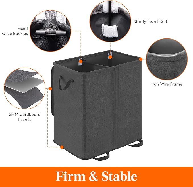 Lifewit Double Laundry Hamper with Lid and Removable Laundry Bags, Large Collapsible 2 Dividers Dirty Clothes Basket with Handles for Bedroom Laundry Room Closet Bathroom College, 155L Black