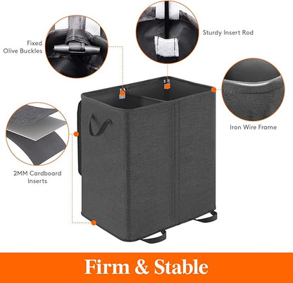 Lifewit Double Laundry Hamper with Lid and Removable Laundry Bags, Large Collapsible 2 Dividers Dirty Clothes Basket with Handles for Bedroom Laundry Room Closet Bathroom College, 155L Black
