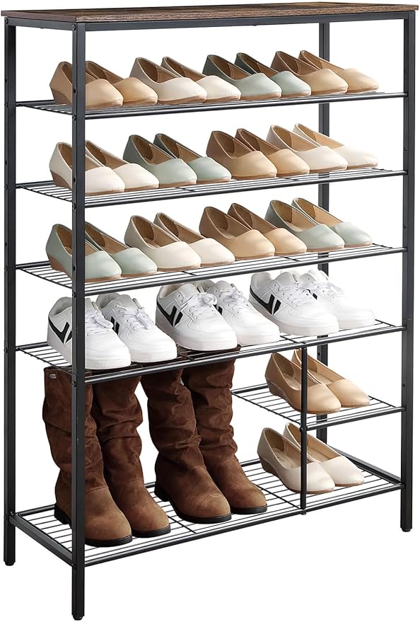 6 Tier Shoe Rack Organizer, Metal Mesh Shoe Storage Shelf, Storage Boots .for Entryway, Closet,Hallway, Bedroom,Cloakroom,Garage, Industrial,Rustic Brown