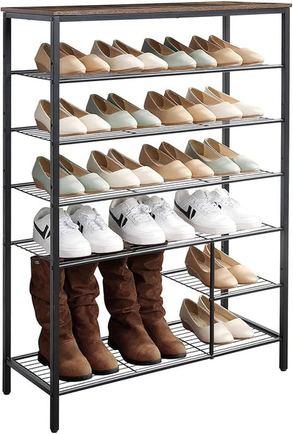 6 Tier Shoe Rack Organizer, Metal Mesh Shoe Storage Shelf, Storage Boots .for Entryway, Closet,Hallway, Bedroom,Cloakroom,Garage, Industrial,Rustic Brown