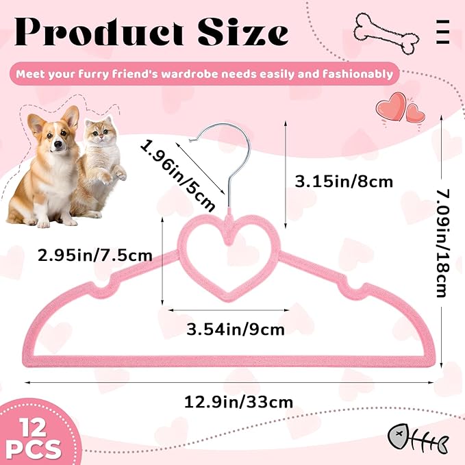 12 Pcs Pink Dog Clothes Hangers 13'' Non-Slip & 360° Swivel Pink Velvet Pet Hangers for Dogs and Cats Rustproof Metal Hooks, Space-Saving for Home Storage & Grooming Salons